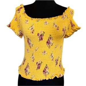 Orange Kiss Yellow Floral Smocked off the shoulder Blouse